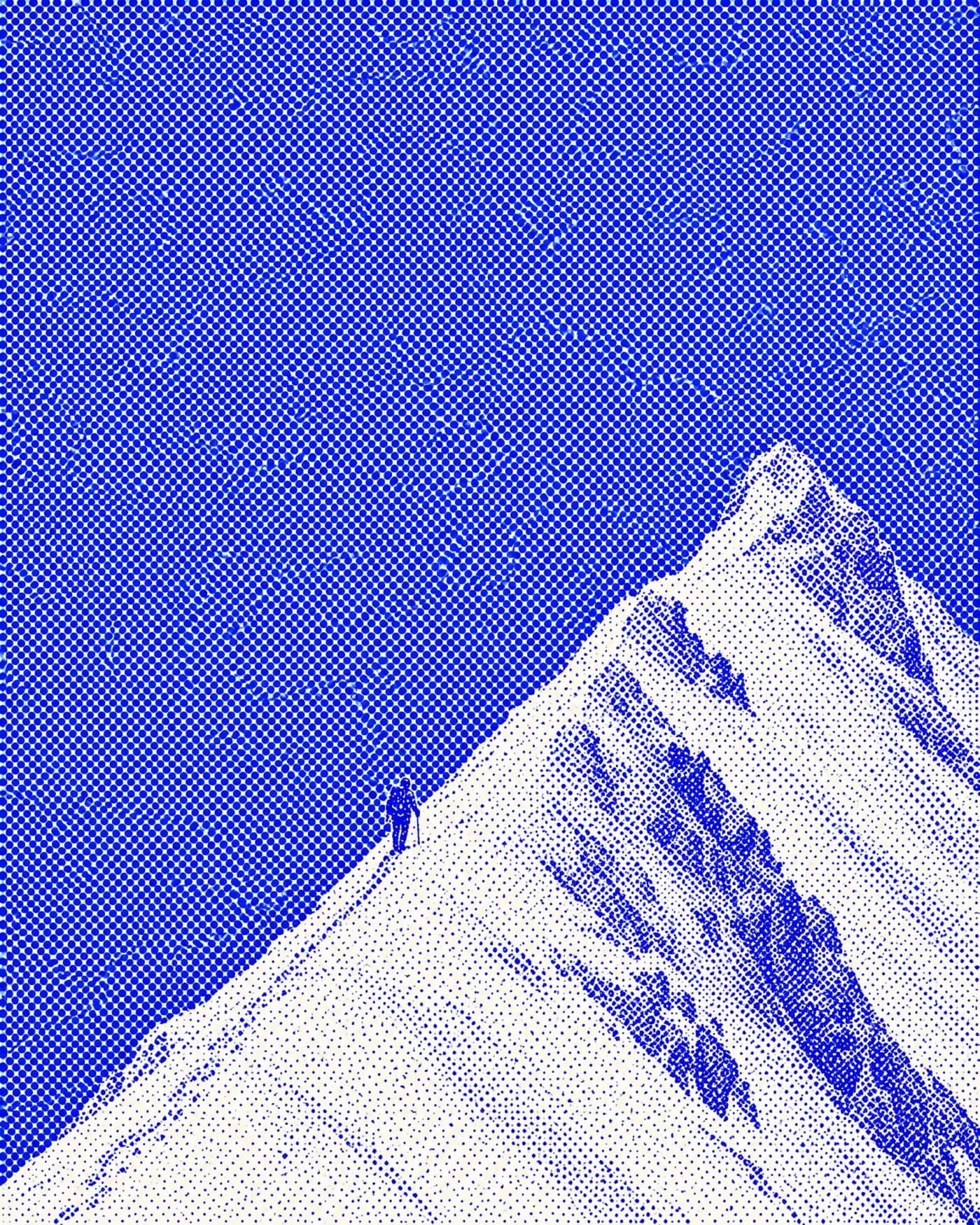 A stippled engraving of a lone climber on a snow ridge