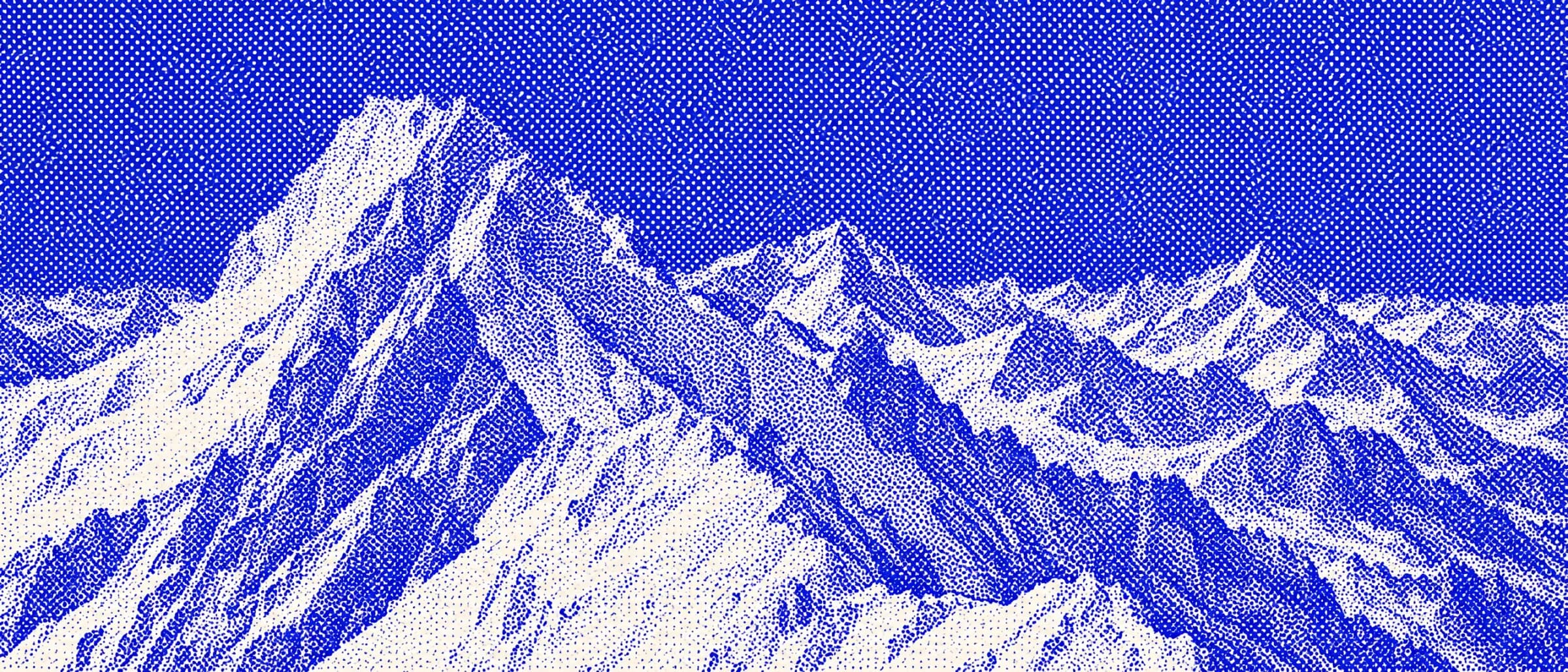 A stippled engraving of a jagged alpine ridge, in ultramarine on paper